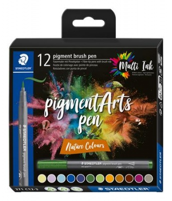 Fixka v tvare štetca, sada, STAEDTLER "Pigment brush 371", 12 rôznych prírodných farieb