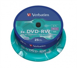 DVD-RW disk prepisovateľný, 4,7GB, 4x, 25 ks, cake box, VERBATIM